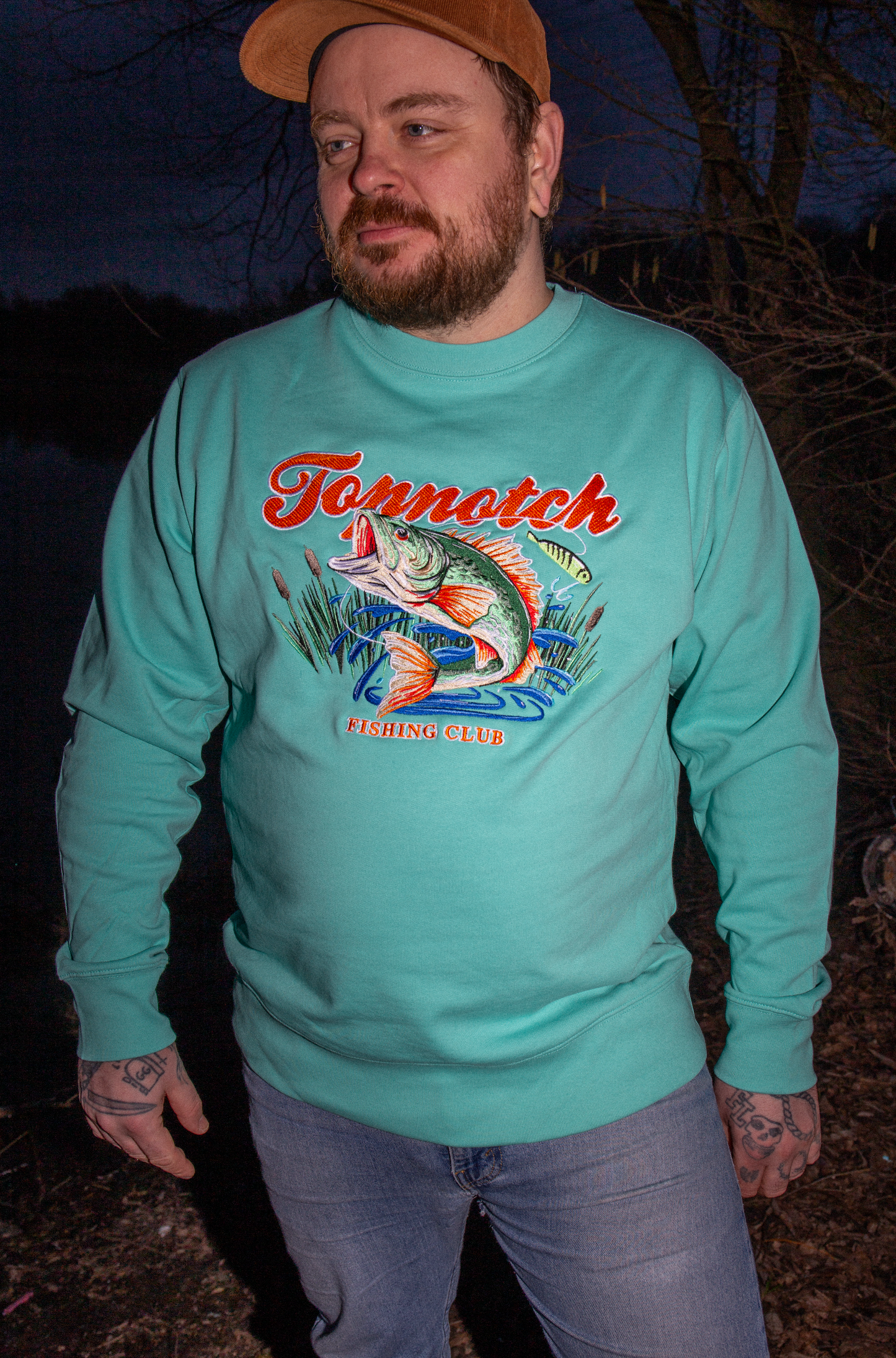 Topnotch Embroidery Fishing Club Sweater Pool Blue