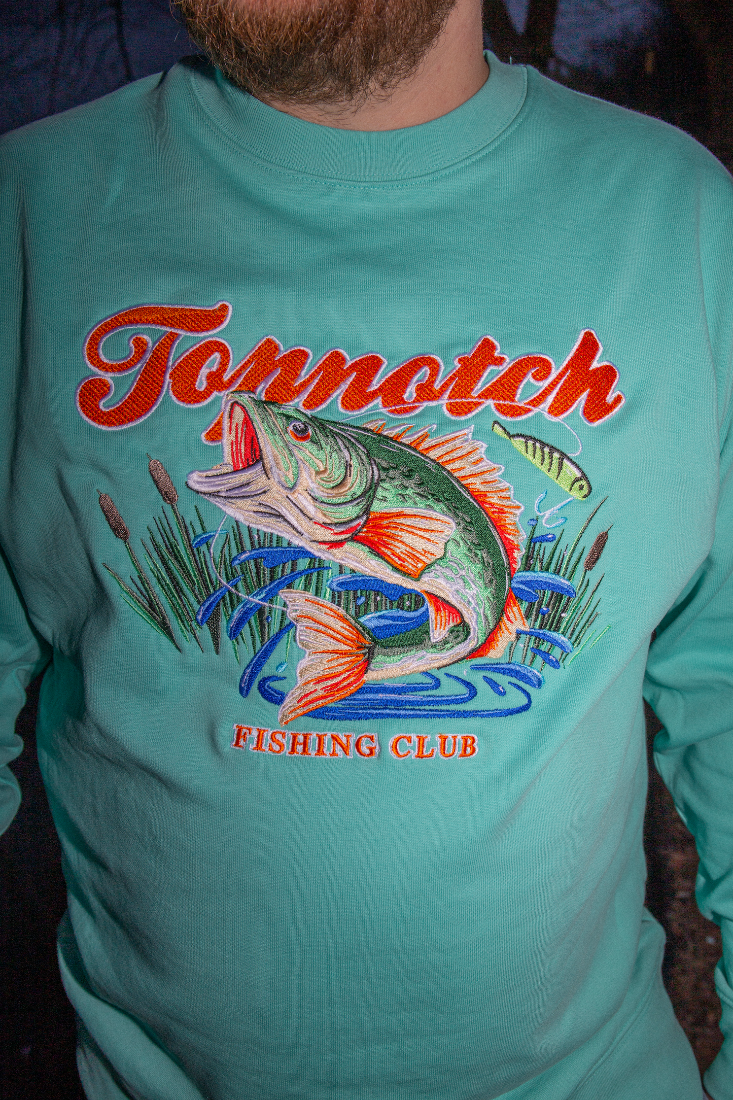 Topnotch Embroidery Fishing Club Sweater Pool Blue
