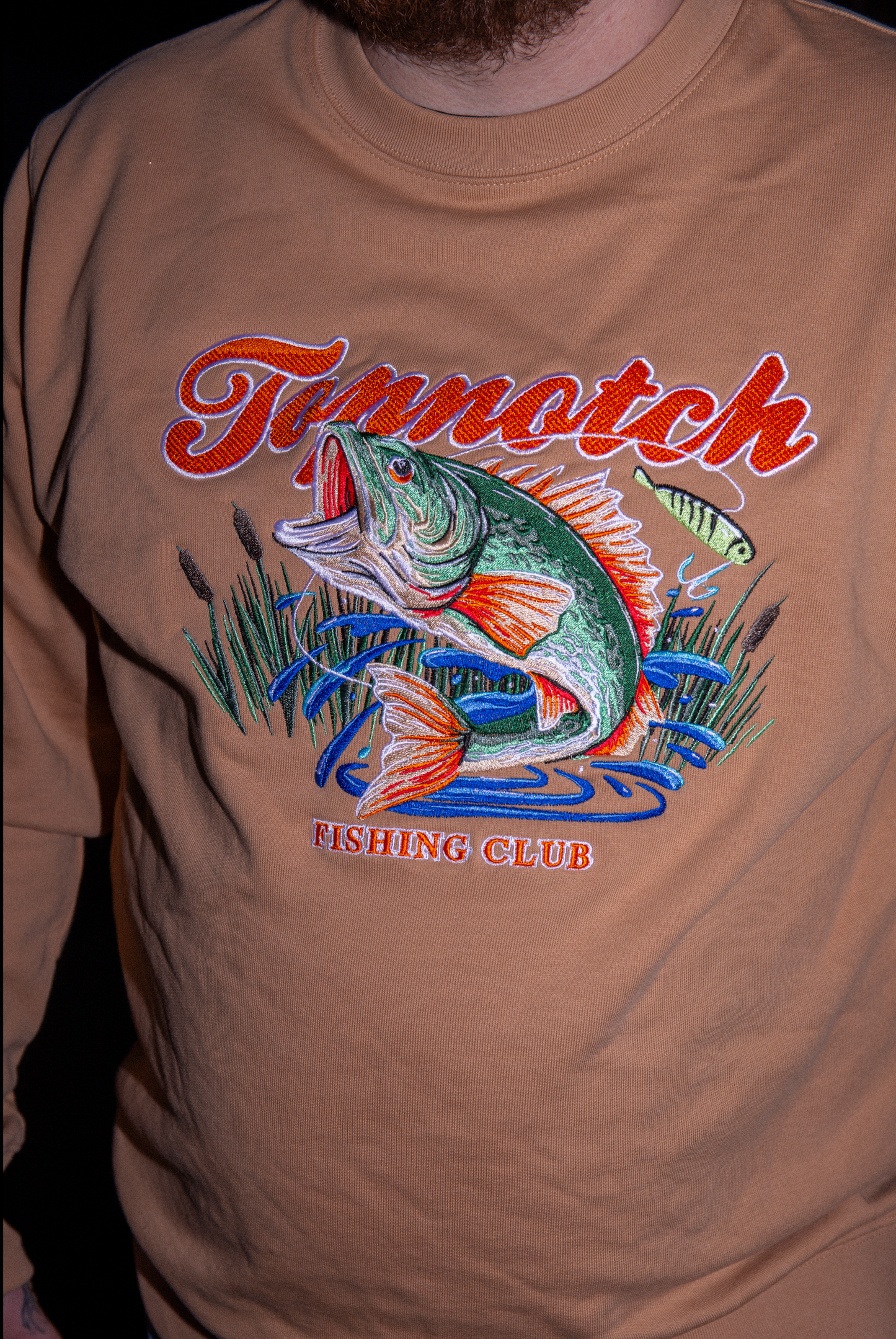 Topnotch Embroidery Fishing Club Sweater Desert